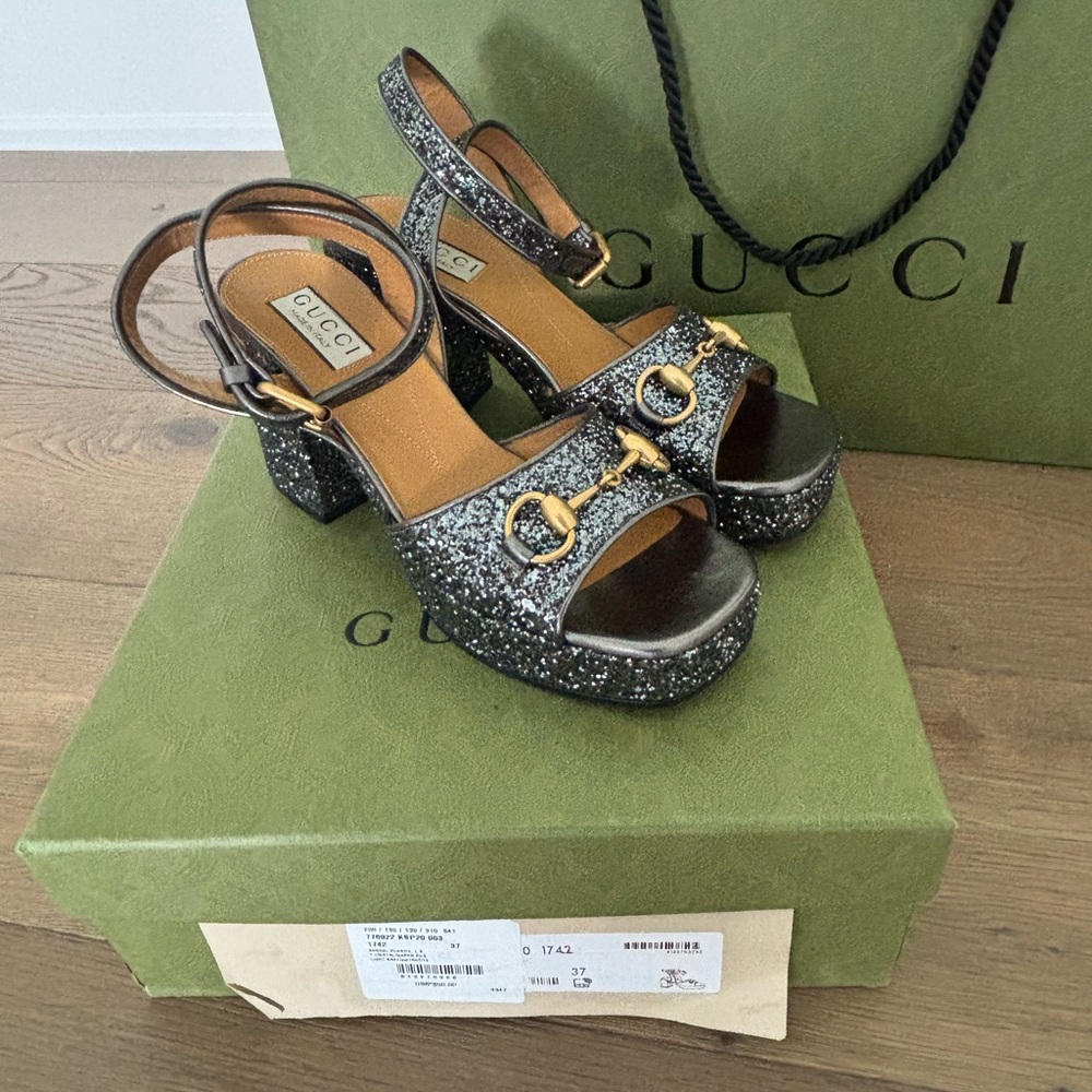 NWT GUCCI Glitter Horsebit Platform heels sandals